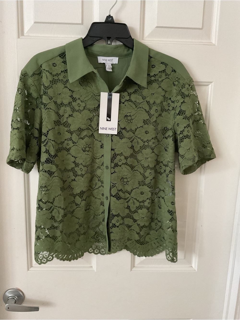 Nine West Olive Lace Short-Sleeve Button-Down Shirt - Picture 3 of 7